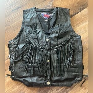 MOB women’s 10 Vintage Genuine Leather  Riding Vest Fringe Jacket Black Roses